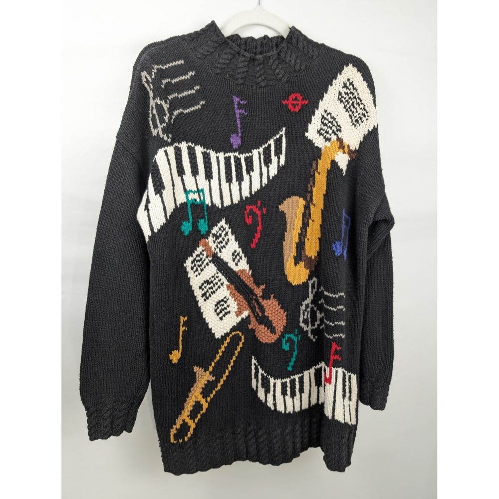 Vintage 90s Music Instrument Sweater Sz M Teacher Novelty Retro Band Cottagecore